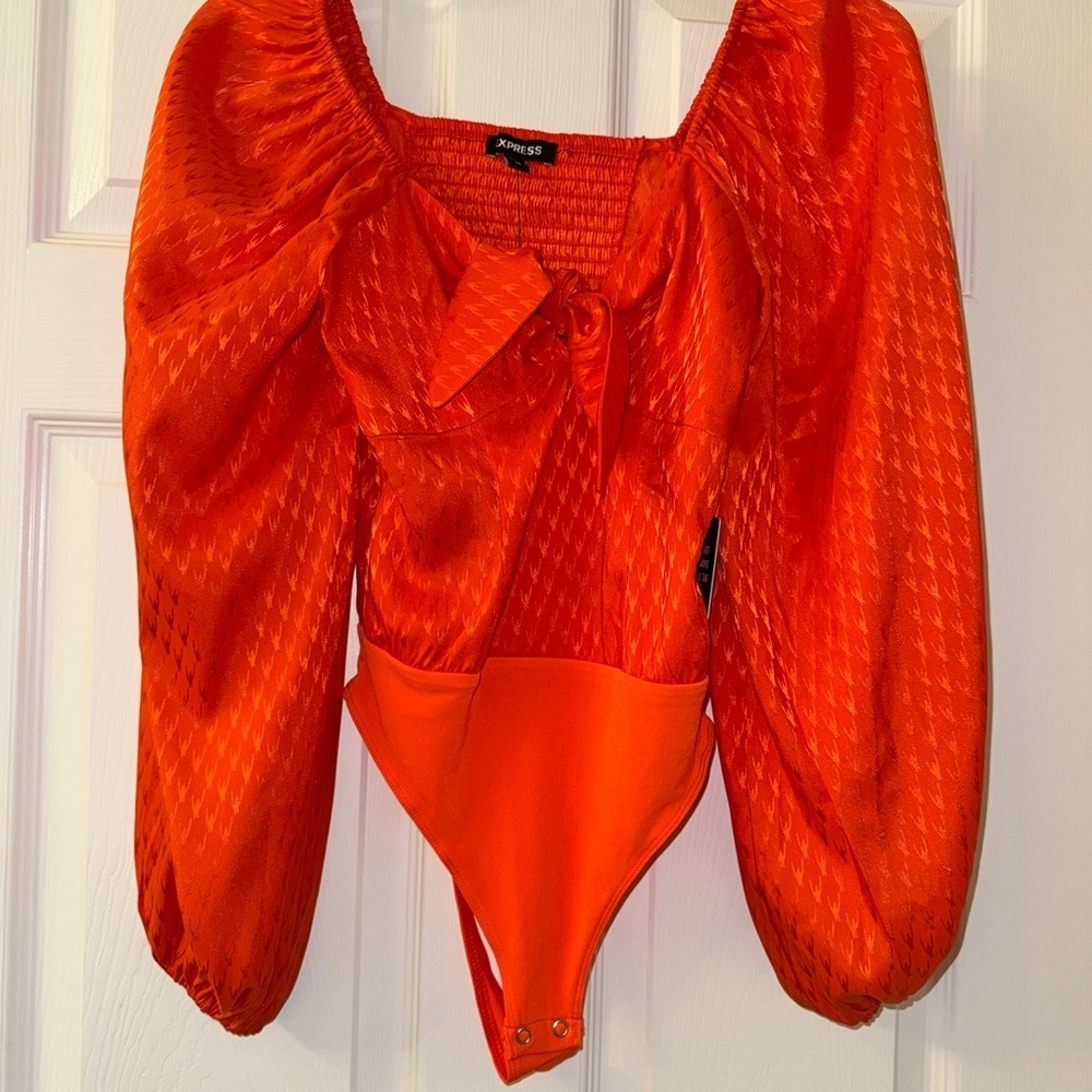Express Dark Orange Satin Jacquard Balloon Sleeve Bodysuit! - Picture 4 of 4